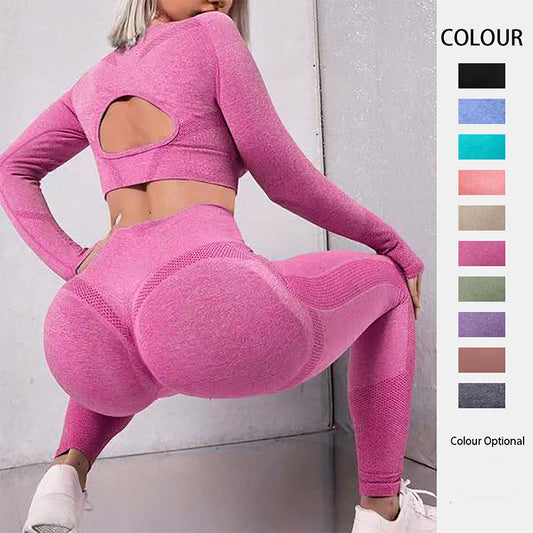 2PCS Sports Suit - Long Sleeve Hollow Design Top & Butt Lifting High Waist Seamless Fitness Leggings Gym Sportswear