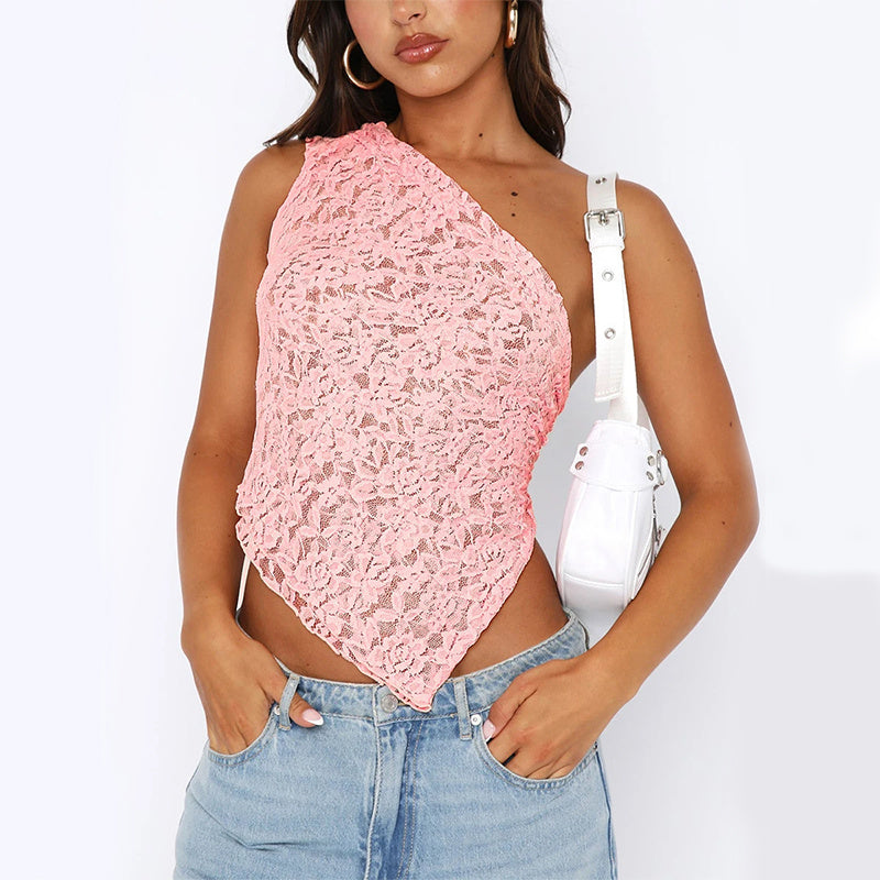 Women's Summer Lace Backless Top - Solid Color Waistless Asymmetrical Sloped Neck Vest for Streetwear