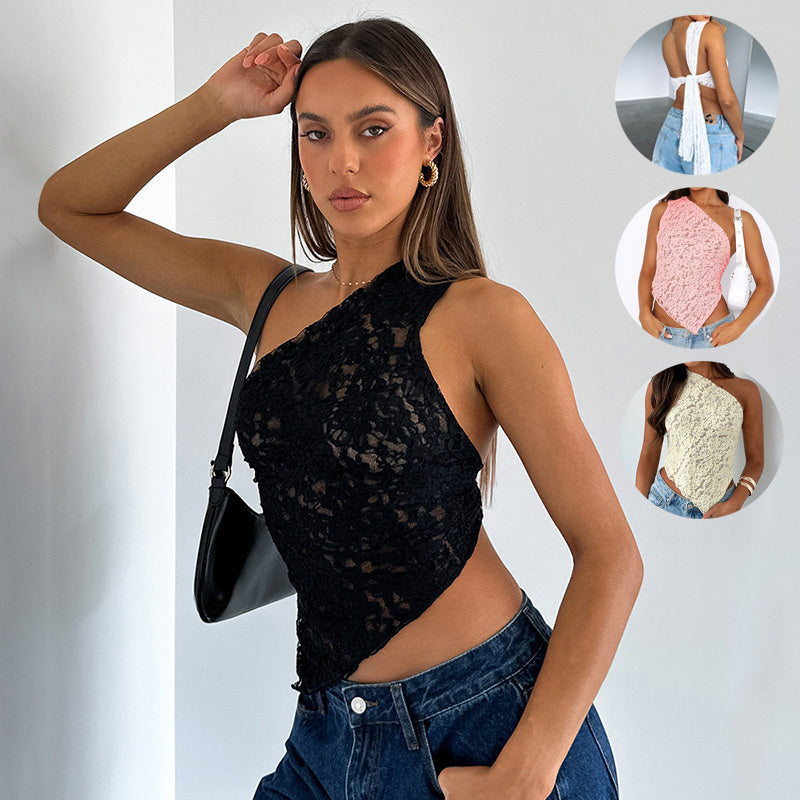 Women's Summer Lace Backless Top - Solid Color Waistless Asymmetrical Sloped Neck Vest for Streetwear