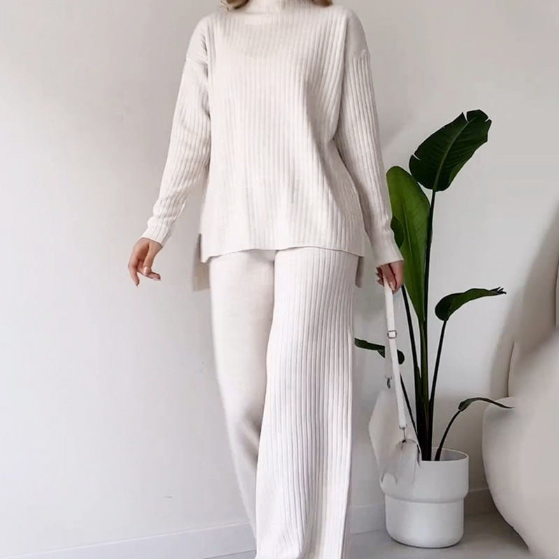 Turtleneck Knitted Suit Loose Split Design Long-sleeved Top And Straight Trousers Fashion Casual Solid Set Women's Clothing