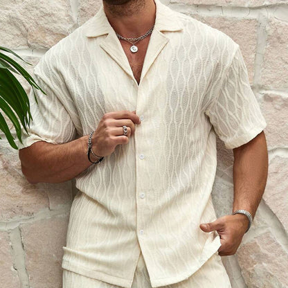 Men's Summer Tracksuit - Solid Color Loose Fit Casual Two-Piece Lapel Button Shirt and Shorts Set for Beach and Holiday