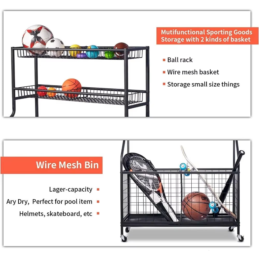 Sports Equipment Organizer, Ball Storage Rack, Garage Ball Storage, Sports Gear Storage, Rolling Sports Ball Storage Cart