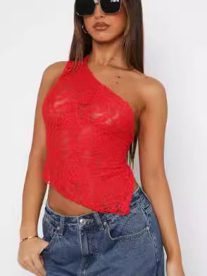 Women's Summer Lace Backless Top - Solid Color Waistless Asymmetrical Sloped Neck Vest for Streetwear