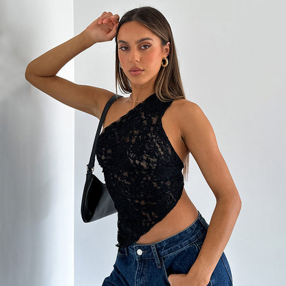 Women's Summer Lace Backless Top - Solid Color Waistless Asymmetrical Sloped Neck Vest for Streetwear