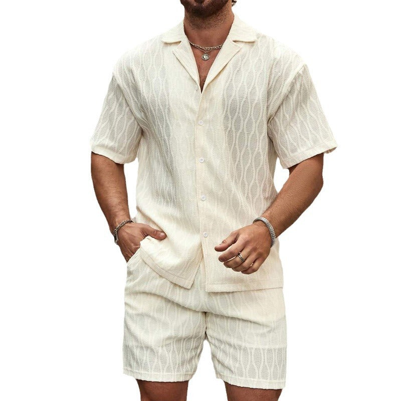 Men's Summer Tracksuit - Solid Color Loose Fit Casual Two-Piece Lapel Button Shirt and Shorts Set for Beach and Holiday