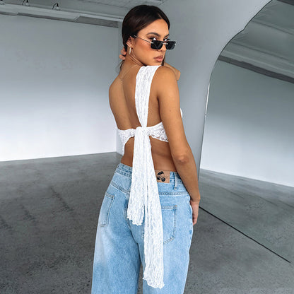 Women's Summer Lace Backless Top - Solid Color Waistless Asymmetrical Sloped Neck Vest for Streetwear