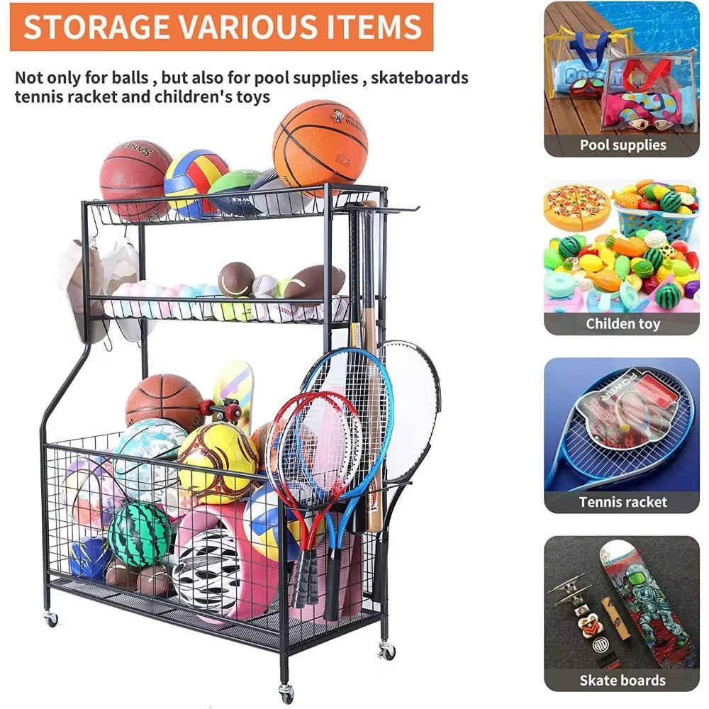 Sports Equipment Organizer, Ball Storage Rack, Garage Ball Storage, Sports Gear Storage, Rolling Sports Ball Storage Cart