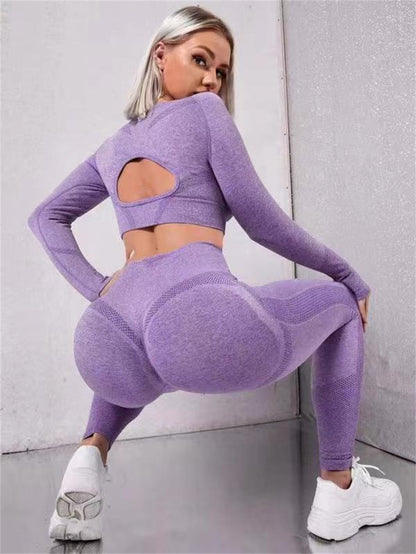 2PCS Sports Suit - Long Sleeve Hollow Design Top & Butt Lifting High Waist Seamless Fitness Leggings Gym Sportswear