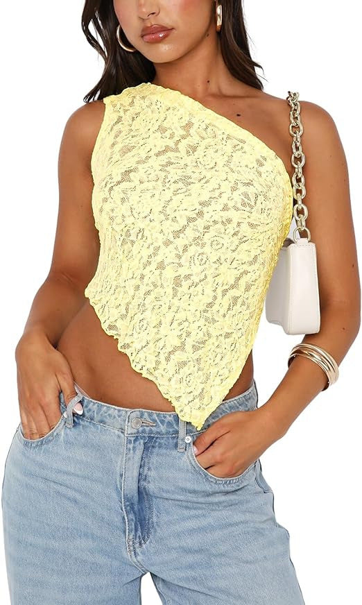 Women's Summer Lace Backless Top - Solid Color Waistless Asymmetrical Sloped Neck Vest for Streetwear