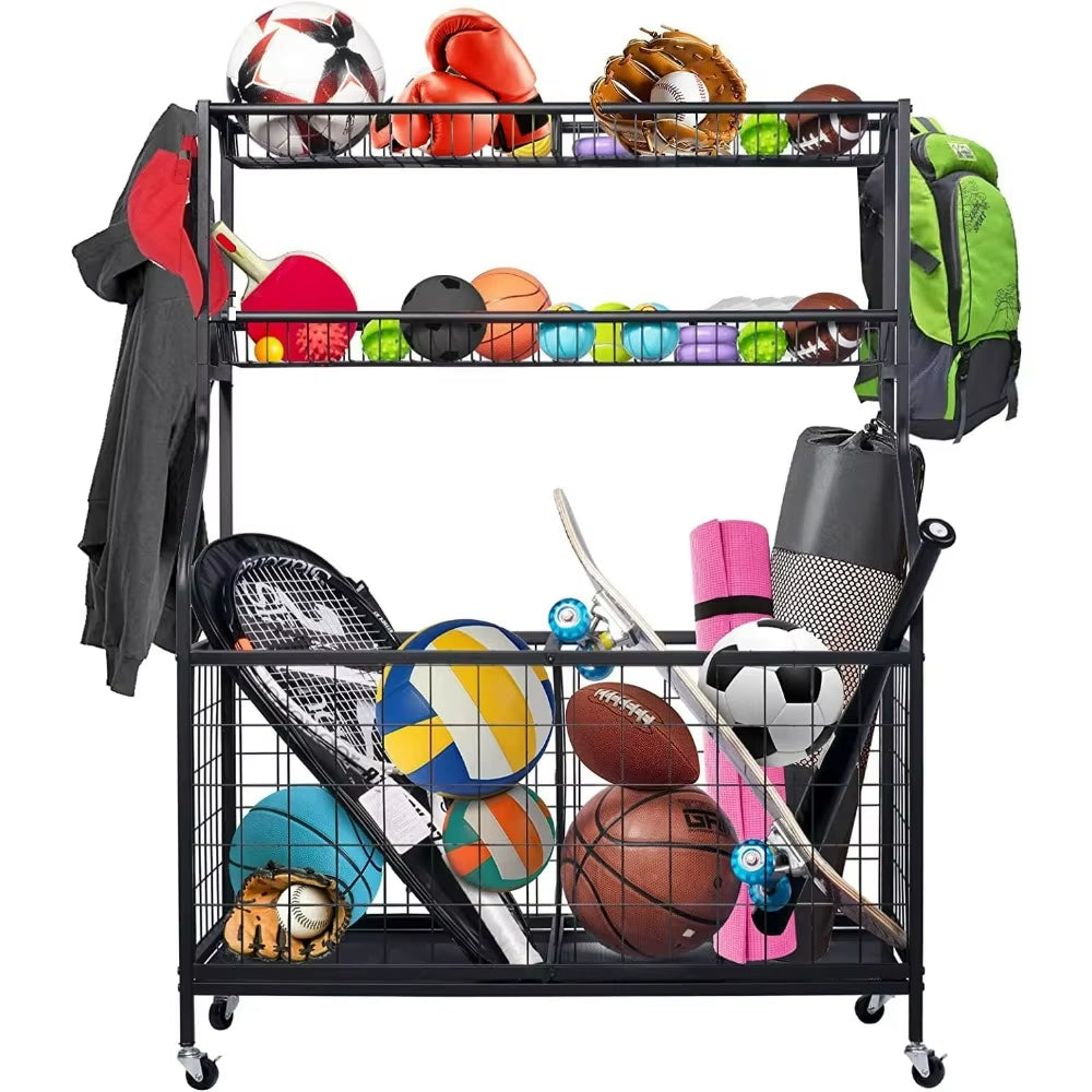 Sports Equipment Organizer, Ball Storage Rack, Garage Ball Storage, Sports Gear Storage, Rolling Sports Ball Storage Cart