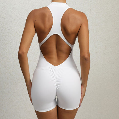 Women's Zippered Yoga Fitness Shorts Jumpsuit - Sleeveless Tummy Control and Butt Lifting Stretch Shapewear Sportswear