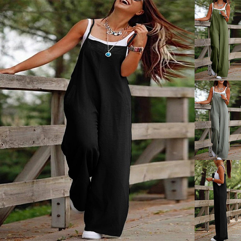 Women's Sleeveless Jumpsuit With Pockets And Adjustable Shoulder Strap Fashion Loose Wide Leg Straight Overalls Summer Beach Trousers