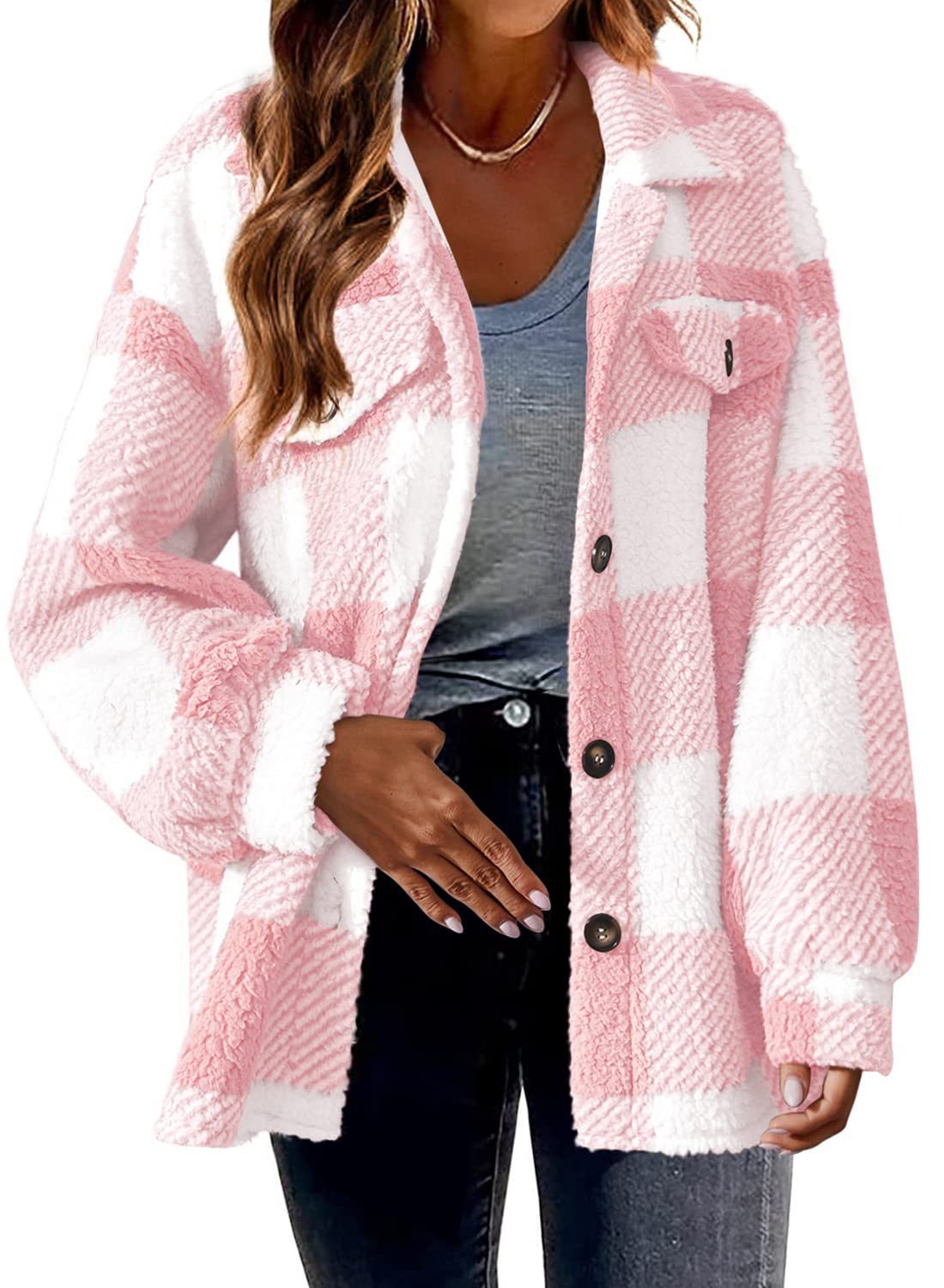 Women's Lamb Fleece Jacket - Button-Down Warmth and Comfort