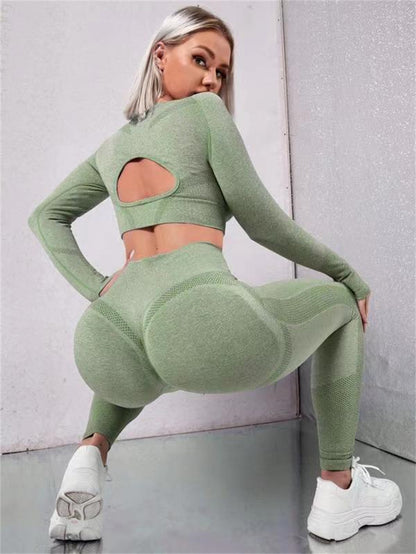 2PCS Sports Suit - Long Sleeve Hollow Design Top & Butt Lifting High Waist Seamless Fitness Leggings Gym Sportswear