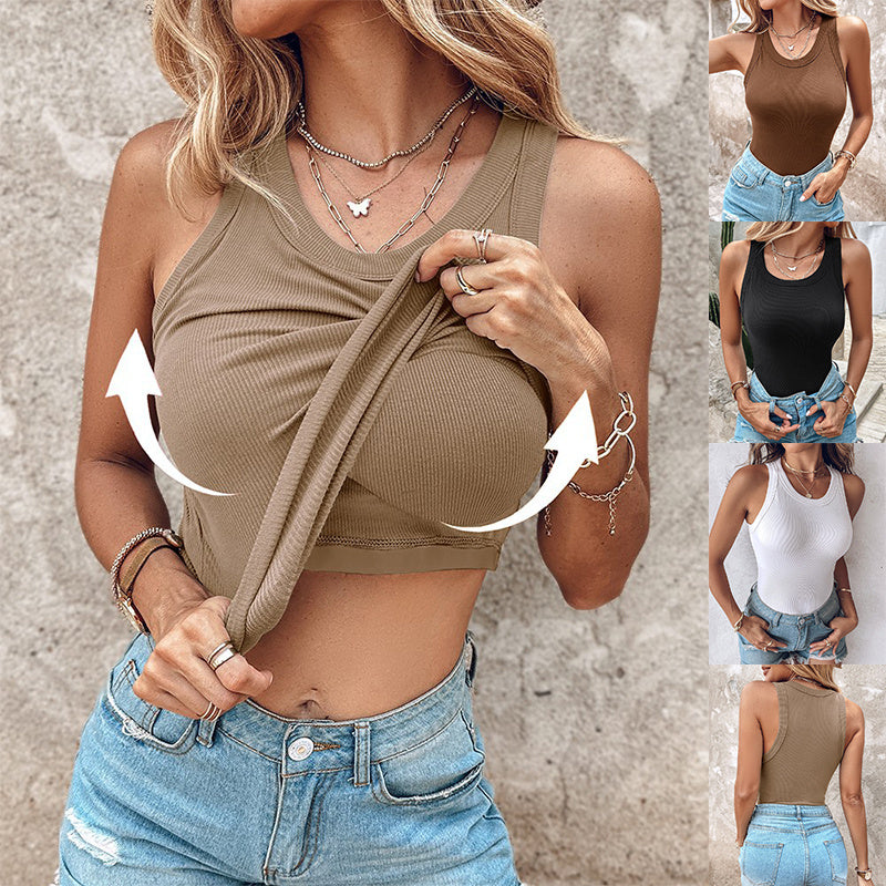 Women's Round Neck Vest with Built-In Bra - Sleeveless Solid Color Summer Top