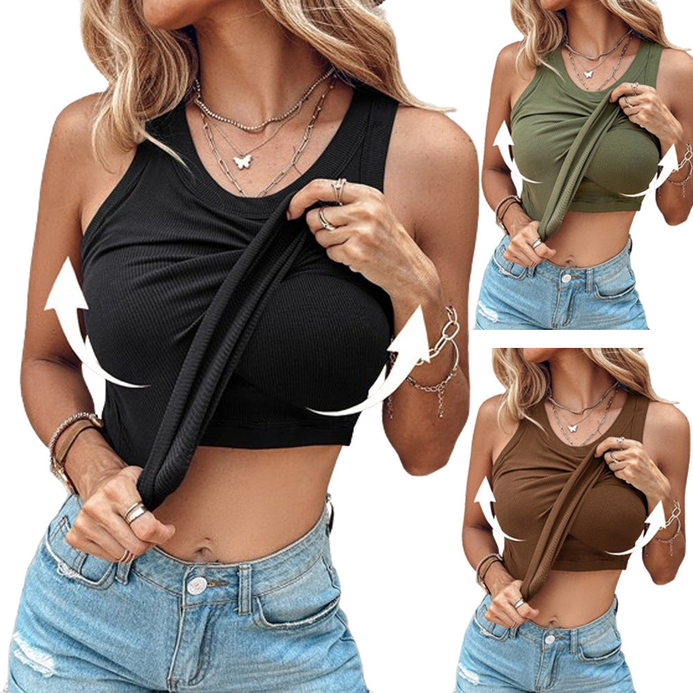 Women's Round Neck Vest with Built-In Bra - Sleeveless Solid Color Summer Top