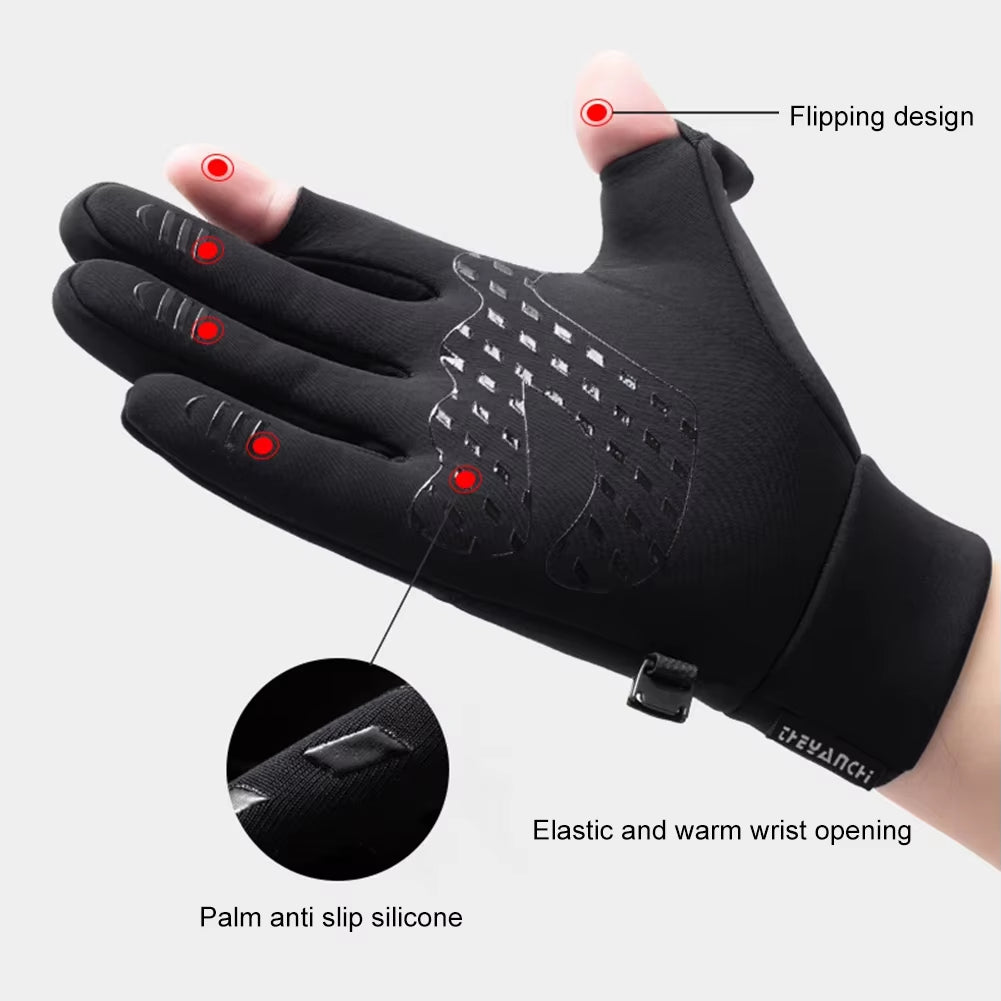 1 Pair Winter Fishing Gloves 2 Finger Flip Waterproof Winter Gloves Windproof Men Women Warm Protection Fish Angling Gloves