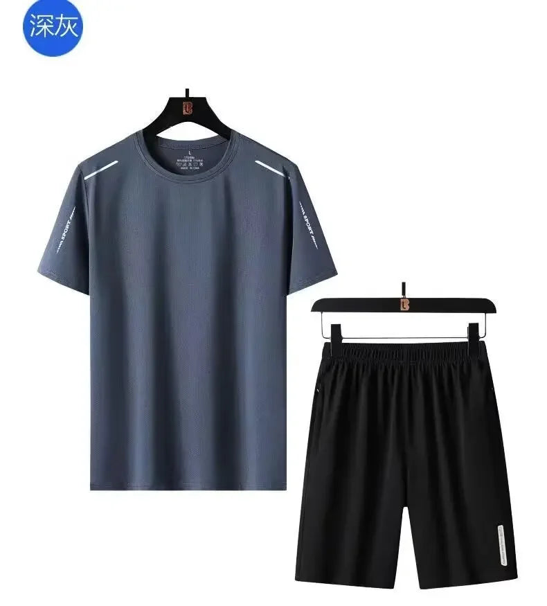 Summer Thin Men's Ice Silk Suit Fitness Casual Sports Breathable Quick Dry Running Short Sleeve Trousers 2-piece Set Men