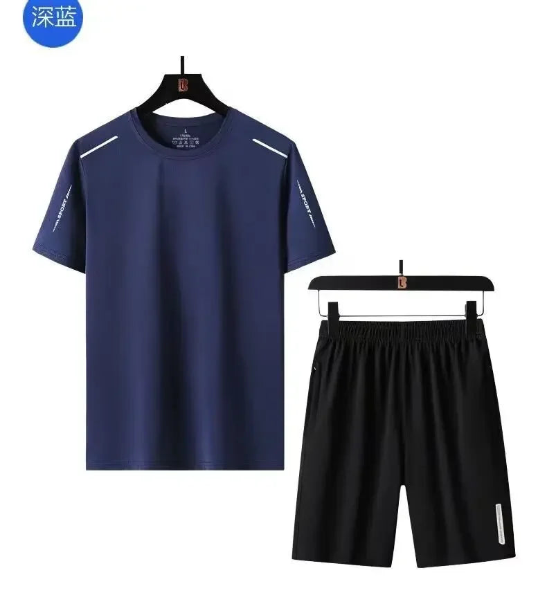 Summer Thin Men's Ice Silk Suit Fitness Casual Sports Breathable Quick Dry Running Short Sleeve Trousers 2-piece Set Men