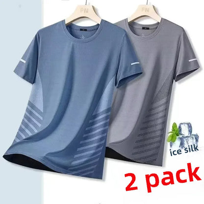 Summer Thin Men's Ice Silk Suit Fitness Casual Sports Breathable Quick Dry Running Short Sleeve Trousers 2-piece Set Men