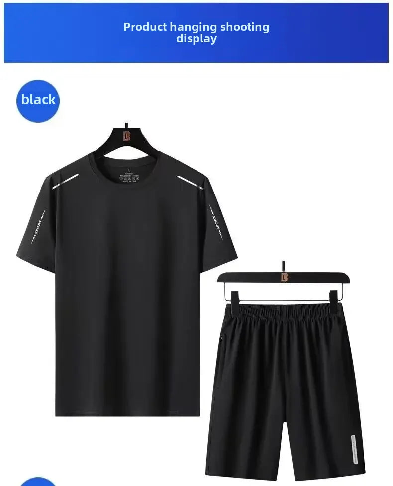 Summer Thin Men's Ice Silk Suit Fitness Casual Sports Breathable Quick Dry Running Short Sleeve Trousers 2-piece Set Men