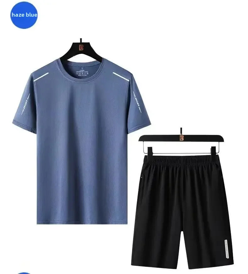 Summer Thin Men's Ice Silk Suit Fitness Casual Sports Breathable Quick Dry Running Short Sleeve Trousers 2-piece Set Men