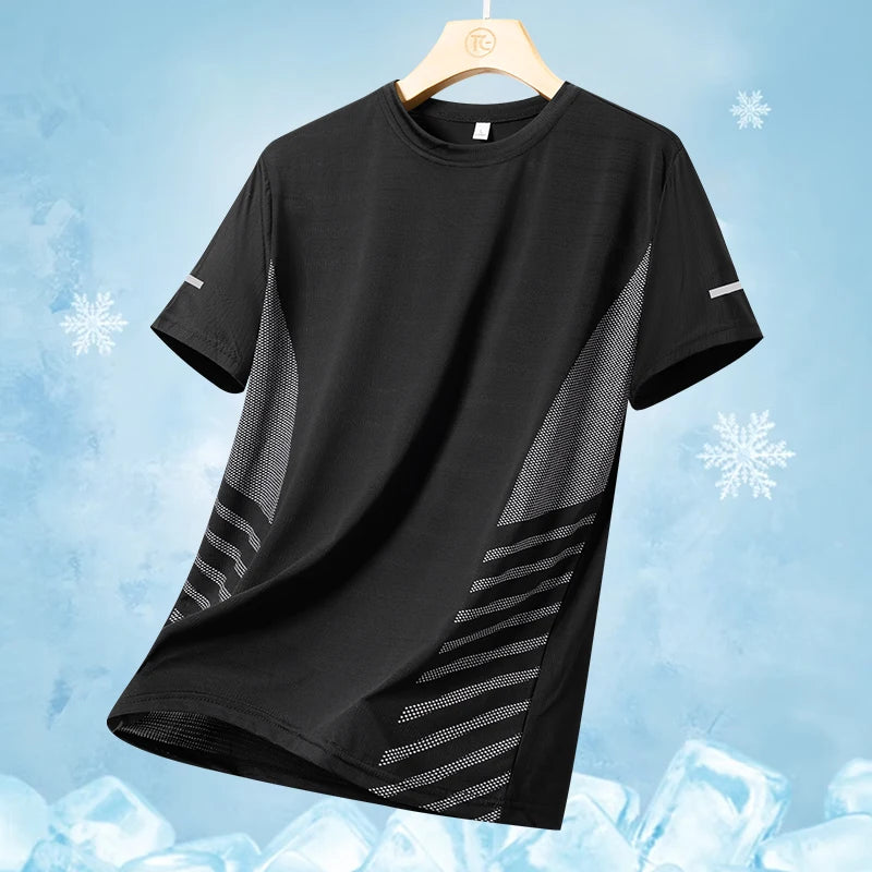 Running T-shirt Men Summer Ice Silk Thin Top Reflective Printing Quick Dry Short Sleeve Breathable Fitness Sports T-shirt 5XL