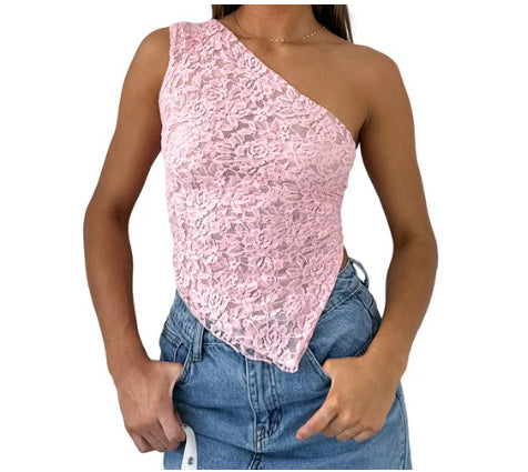 Women's Summer Lace Backless Top - Solid Color Waistless Asymmetrical Sloped Neck Vest for Streetwear