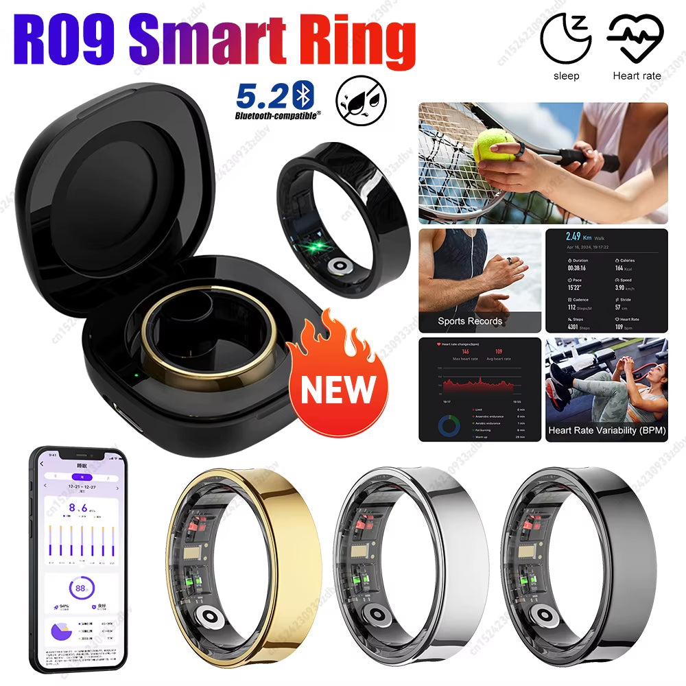 R09 Smart Ring Heart Rate Blood Oxygen Sleep Monitoring Sleep Ring with Charging Case Body Temperature Health and Sleep Monitor