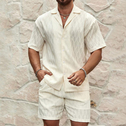 Men's Summer Tracksuit - Solid Color Loose Fit Casual Two-Piece Lapel Button Shirt and Shorts Set for Beach and Holiday