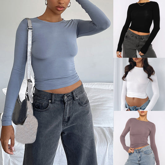 Women's Clothing Fashion Slim Long-sleeved Pullovers Tops Solid Causal Fit Shirts