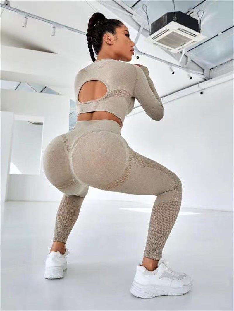 2PCS Sports Suit - Long Sleeve Hollow Design Top & Butt Lifting High Waist Seamless Fitness Leggings Gym Sportswear