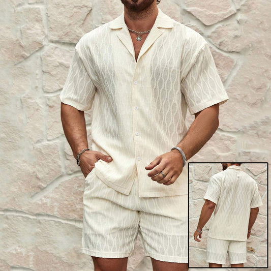 Men's Summer Tracksuit - Solid Color Loose Fit Casual Two-Piece Lapel Button Shirt and Shorts Set for Beach and Holiday