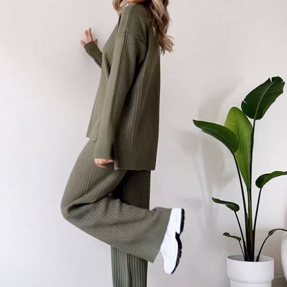 Turtleneck Knitted Suit Loose Split Design Long-sleeved Top And Straight Trousers Fashion Casual Solid Set Women's Clothing