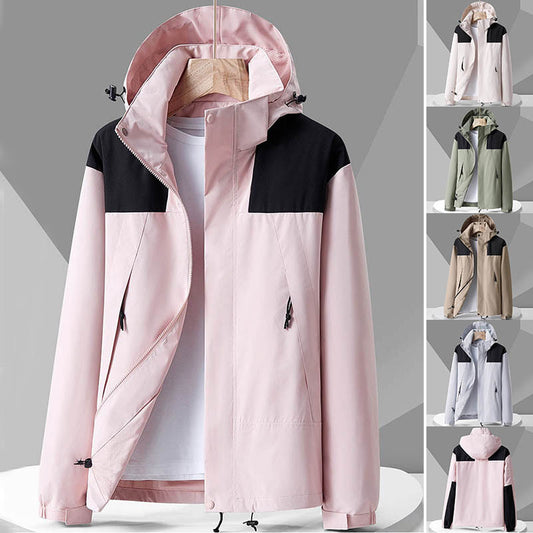 Hooded Windbreaker Unisex Fashion Colorblock Zip-up Jacket With Pockets Waterproof Outwear For Women Men Clothing