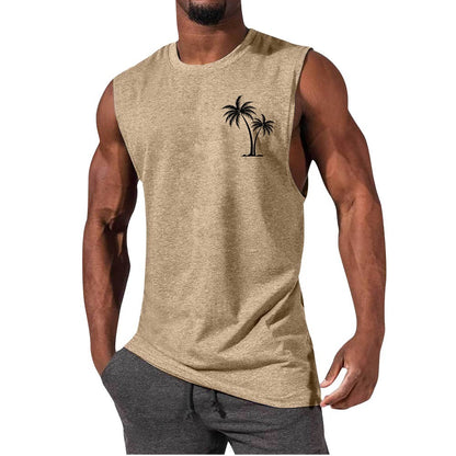 Coconut Tree Embroidery Vest Summer Beach Tank Tops Workout Muscle Men Sports Fitness T-shirt