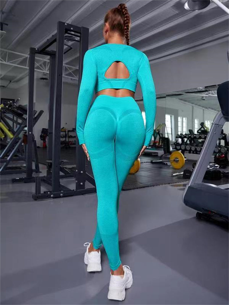 2PCS Sports Suit - Long Sleeve Hollow Design Top & Butt Lifting High Waist Seamless Fitness Leggings Gym Sportswear